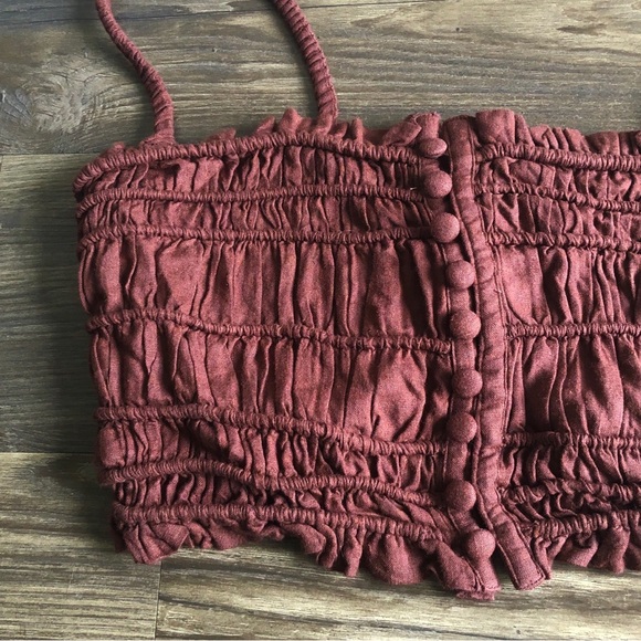 NWT Urban Outfitters Chelsea Linen Blend Smocked Ruched Crop Top Tank Brown - Picture 3 of 12